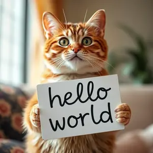 Cat holding a hello world sign