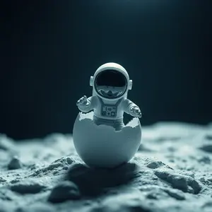 Tiny astronaut hatching from an egg on the moon