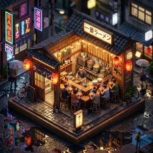 Isometric miniature of a Japanese ramen shop at night