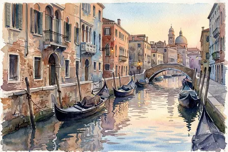 Watercolor of a Venetian canal at dawn
