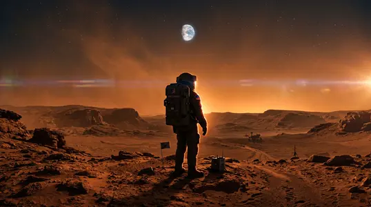 Astronaut on Mars looking up at Earth