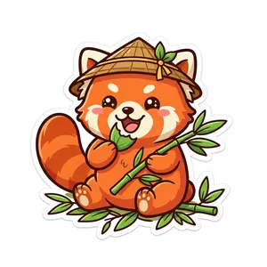 Kawaii sticker of a red panda with a bamboo hat