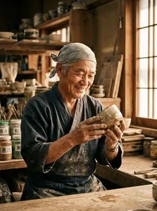 Portrait of an elderly ceramicist inspecting a tea bowl