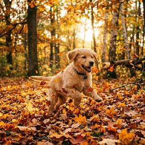 Golden retriever puppy playing in autumn leaves