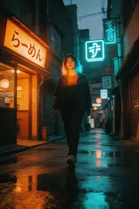 Woman in a neon-lit Tokyo alley at dusk