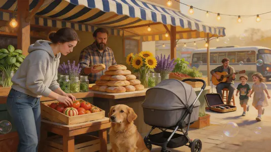 Renaissance-style painting of a modern farmers market