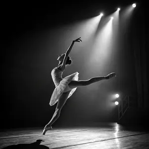 Black and white photo of a ballet dancer mid-leap