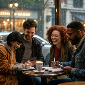 Friends laughing in a coffee shop
