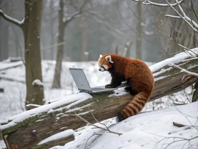 Red panda using a laptop in a snowy forest